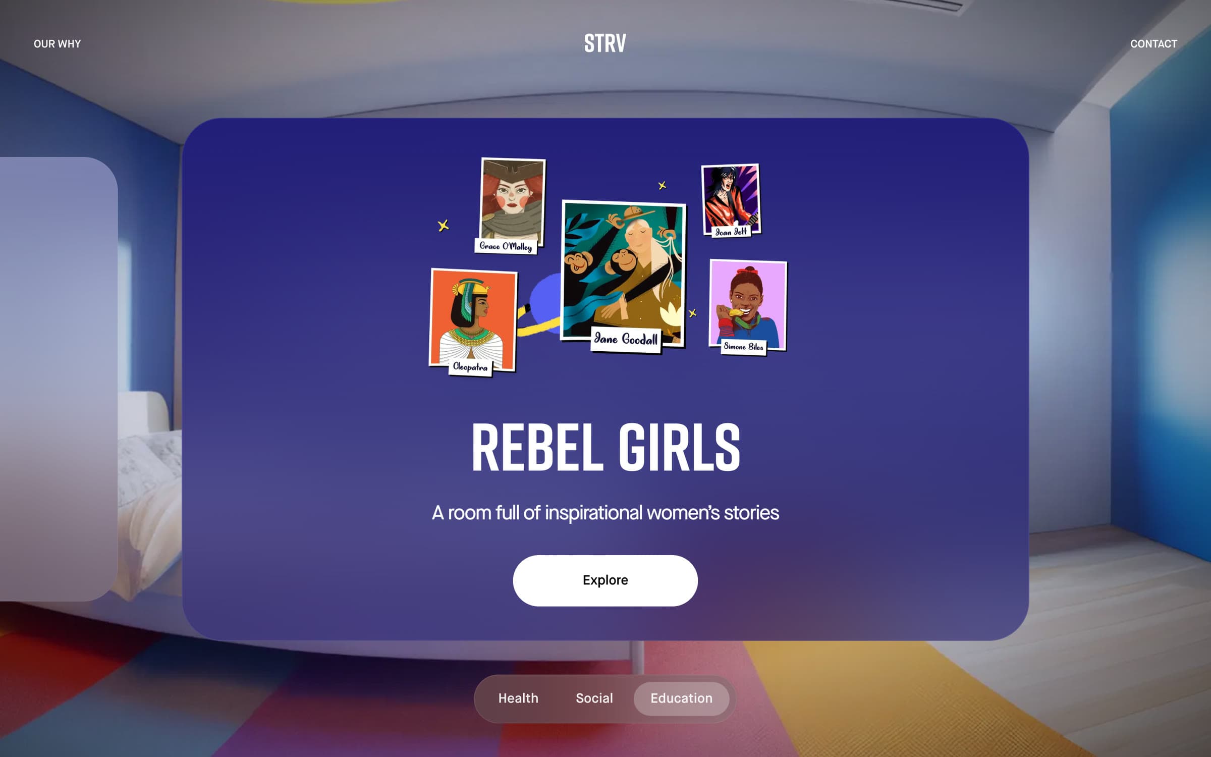 The Vision Pro concept site, a spatial app card floating in a rendered room
